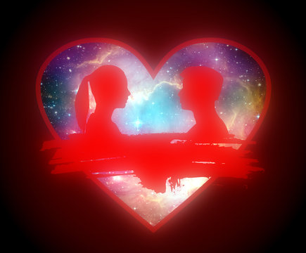 Man and woman silhouettes looking at each other. Grunge brush stroke. Happy valentines day and wedding design. Elements of this image furnished by NASA. Deep space with stars and nebula