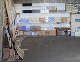 ceramic tile samples with an abstract geometric pattern for the kitchen