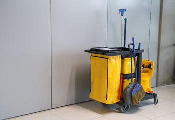 Closeup of janitorial, cleaning equipment and tools for floor cleaning.
