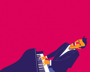 Pianist singing and playing on piano. Modern flat colors illustration.