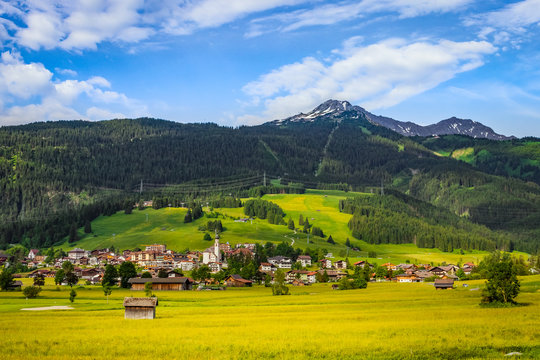 Lermoos, Austria with the Alps mountains in the background on a sunny summer day.