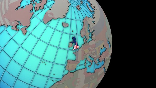Zooming to United Kingdom with national flag on simple political globe. 3D illustration.