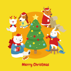 Cute animals decorating the Christmas tree. flat design style minimal vector illustration.
