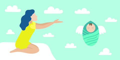 The woman sits on her knees and pulls her hands to the baby. It is wrapped in a blue diaper and has wings. Flat vector