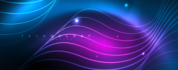 Trendy neon blue abstract design with waves and circles. Neon light glowing effect. Abstract digital background.