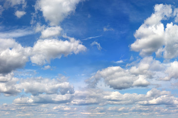 Beautiful blue bright sky with white clouds. Ponaramny view.
