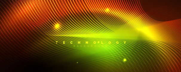 Bright neon circles and wave lines, glowing shiny background design template, digital techno concept.
