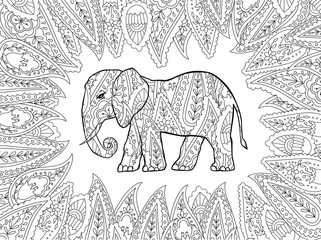 Coloring page with doodle style elephant in zentangle inspired style. - 275041364