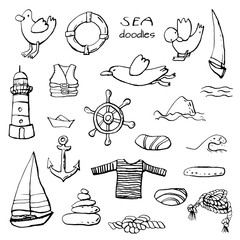 Collection of sea marine ink doodles on white backdrop. Stock set. Cute marine icons. Can be used for printed materials. Vacation holiday background. Hand drawn design elements. Festive card.