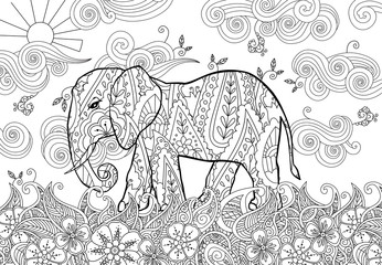 Coloring page with doodle style elephant on the meadow in zentangle inspired style.