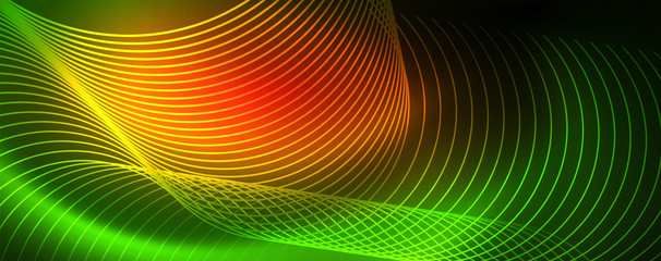 Shiny neon lines template - northern lights glowing blur lines. Futuristic style glow neon 80s disco club or night party techno template