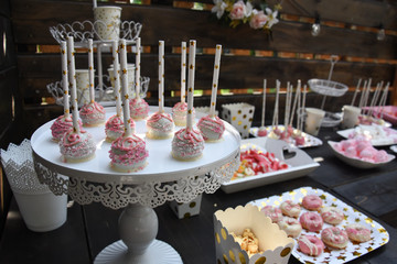 Sweet table for child birthday. Candy bar with a lot of different candies and sweet cakes