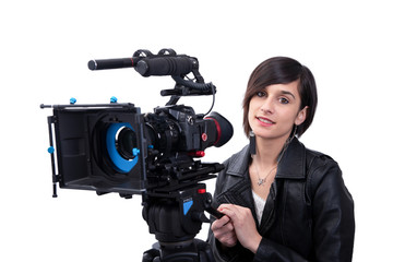 young woman with professional video camera, SLR, on white