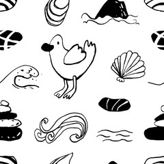 Collection of sea marine ink doodles on white backdrop. Seamless pattern. Endless texture. Can be used for printed materials. Vacation holiday background. Hand drawn design elements. Festive print.