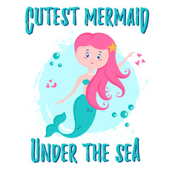 Cutest mermaid under the sea. Vector illustration.