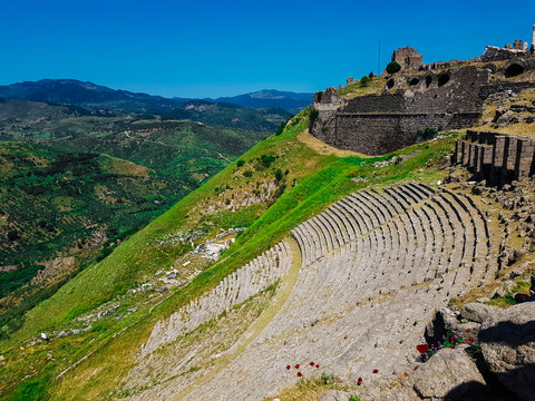 Theater of Pergamon (Pergamum) Ancient City in Bergama, Izmir, Turkey. Acropolis of Pergamon. Old ruin.