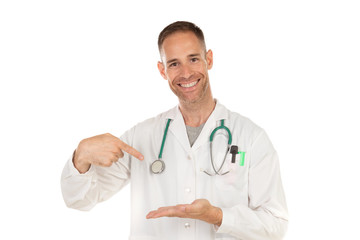 Young doctor pointing something with his finger