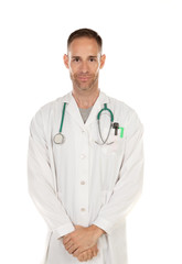 Fototapeta premium Young doctor wearing a white gown and with a stethoscope