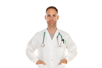 Fototapeta premium Young doctor wearing a white gown and with a stethoscope