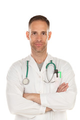 Young doctor wearing a white gown and with a stethoscope