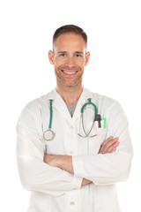 Young doctor wearing a white gown and with a stethoscope