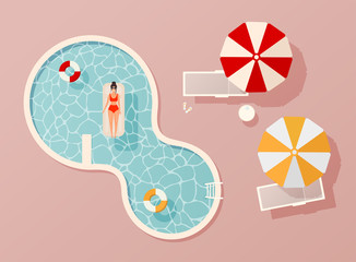 Woman in swim suit lying on floating swimming pool mattress. Summer pool party invitation design. Flyer or banner template. Flat design elements, minimalist style. Vector illustration.