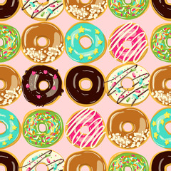Glazed Donuts seamless pattern. Bakery Vector Cartoon style Top View doughnuts