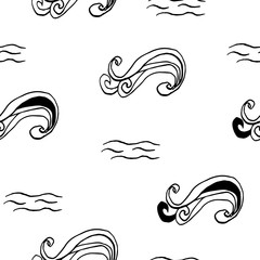 Collection of sea marine ink doodles on white backdrop. Seamless pattern. Endless texture. Can be used for printed materials. Vacation holiday background. Hand drawn design elements. Festive print.