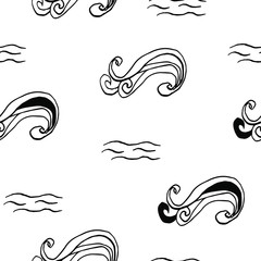 Collection of sea marine ink doodles on white backdrop. Seamless pattern. Endless texture. Can be used for printed materials. Vacation holiday background. Hand drawn design elements. Festive print.