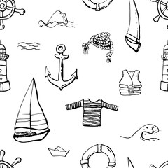 Collection of sea marine ink doodles on white backdrop. Seamless pattern. Endless texture. Can be used for printed materials. Vacation holiday background. Hand drawn design elements. Festive print. - 275044114