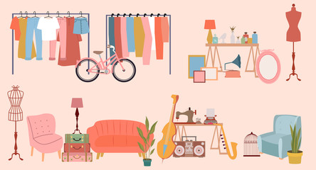 Yard sale poster with vintage furniture, clothes and accessories shop, cartoon flat design. Editable vector illustration