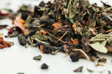 Assortment of dry tea leaves close up