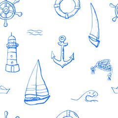 Collection of sea marine ink doodles on white backdrop. Seamless pattern. Endless texture. Can be used for printed materials. Vacation holiday background. Hand drawn design elements. Festive print.