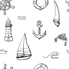 Collection of sea marine ink doodles on white backdrop. Seamless pattern. Endless texture. Can be used for printed materials. Vacation holiday background. Hand drawn design elements. Festive print.