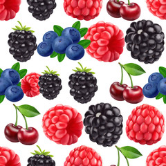 Blackberry blueberry cherry and raspberry seamless pattern. 3d realistic vector berries.