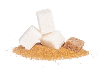 sugar cubes and sugar-sand on a white background