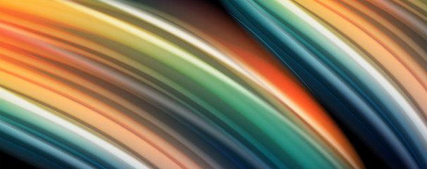 Abstract wave lines fluid rainbow style color stripes on black background. Artistic illustration for presentation, app wallpaper, banner or poster