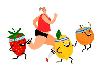 Healthy vegan lifestyle. Vector dietology concept. Girl runs with fruits