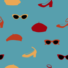 Hand drawn seamless pattern with sunglasses, shoes and berets on blue green background.