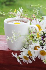 Obraz na płótnie Canvas A cup with floral natural chamomile tea