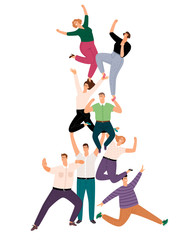 Fototapeta na wymiar Successful people teamwork pyramid. Happy young human community support illustration, success casual cartoon crowd of people team cooperation isolated on white background