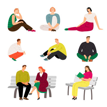 Resting people. Sitting and relaxing casual men and women vector illustration, variety rested characters in holiday, at home sofa, on park bench, happy rest persons isolated on white