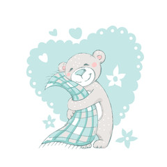 Little nice bear with soft blanket. Cute cartoon animal. Kids illustration. Sweet baby card. Tender poster.