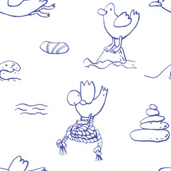 Collection of sea marine ink doodles on white backdrop. Seamless pattern. Endless texture. Can be used for printed materials. Vacation holiday background. Hand drawn design elements. Festive print.