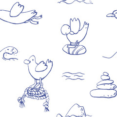 Collection of sea marine ink doodles on white backdrop. Seamless pattern. Endless texture. Can be used for printed materials. Vacation holiday background. Hand drawn design elements. Festive print.