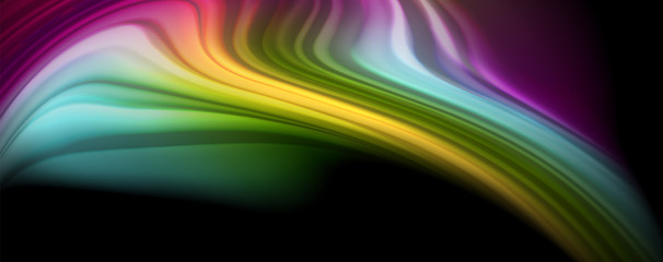 Abstract wave lines fluid rainbow style color stripes on black background. Artistic illustration for presentation, app wallpaper, banner or poster