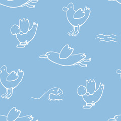 Collection of sea marine ink doodles on blue backdrop. Seamless pattern. Endless texture. Can be used for printed materials. Vacation holiday background. Hand drawn design elements. Festive print.