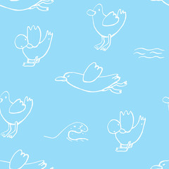 Collection of sea marine ink doodles on blue backdrop. Seamless pattern. Endless texture. Can be used for printed materials. Vacation holiday background. Hand drawn design elements. Festive print.