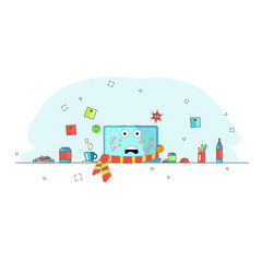 Computer is infected with viruses. Breakdown Funny cartoon computer character with a scarf and viruses. Sick and medication. Tea and pills. Needs help. Vector illustration for blog, website, booklet