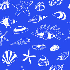 Collection of sea marine ink doodles on blue backdrop. Seamless pattern. Endless texture. Can be used for printed materials. Vacation holiday background. Hand drawn design elements. Festive print.